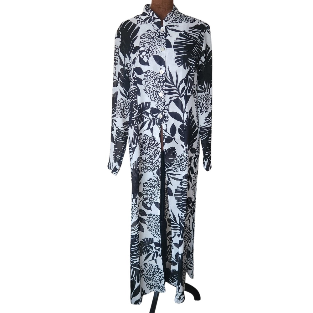 Nira Kaplan Duster Semi Sheer Cover Up Black White Floral Size‎ M Women's USA
